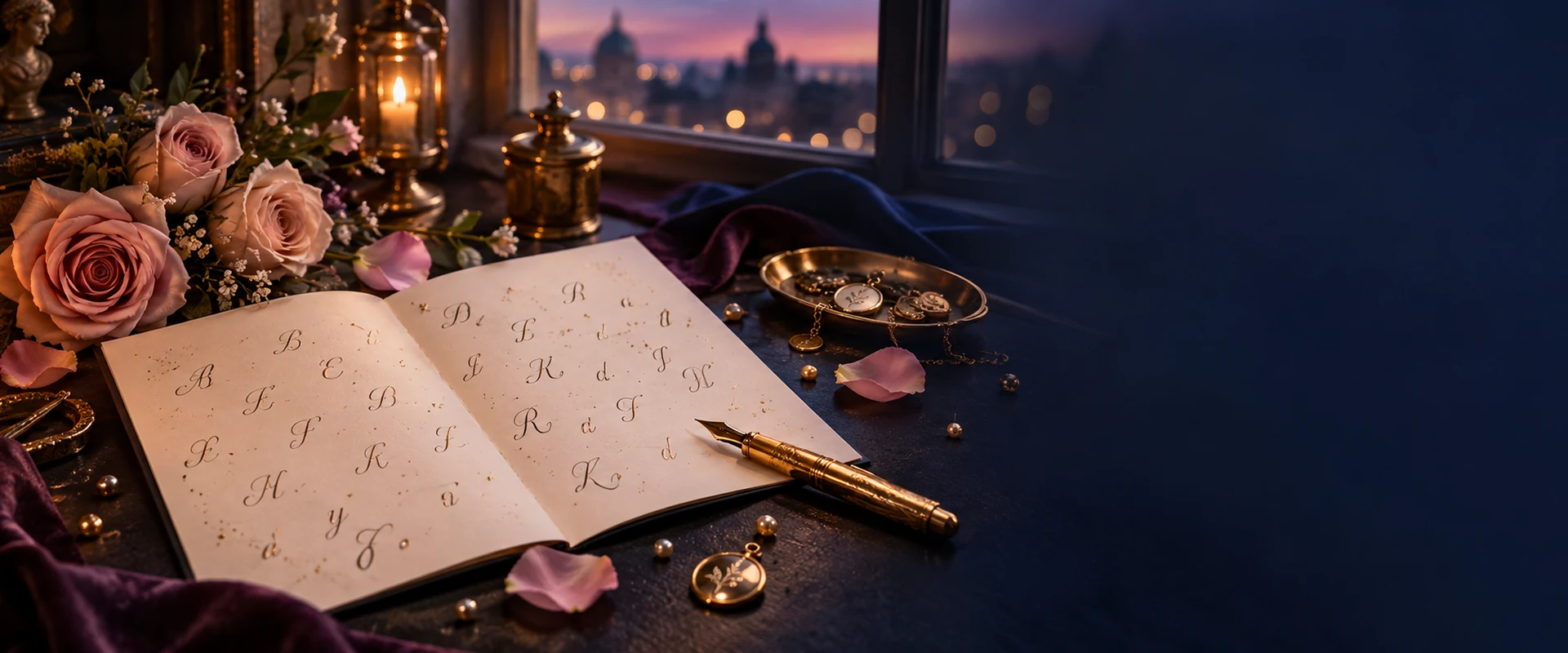 Livre ouvert, roses et plume dorée dans un atelier d’écriture romantique