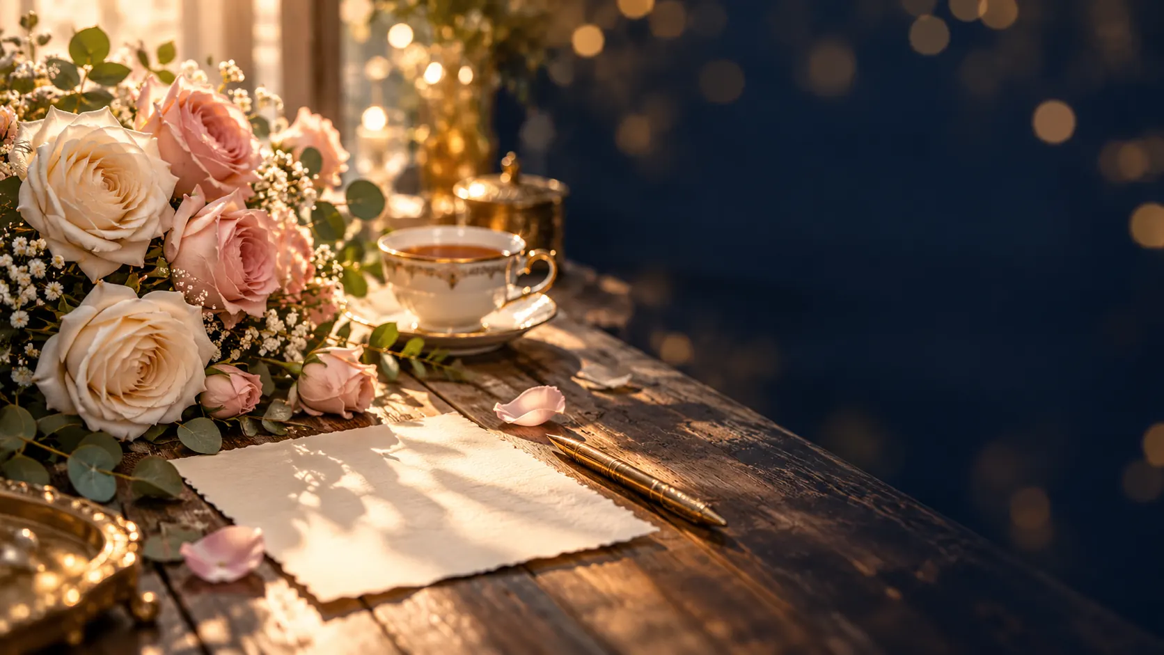 Roses claires, une tasse de thé et une lettre baignées par la lumière du matin