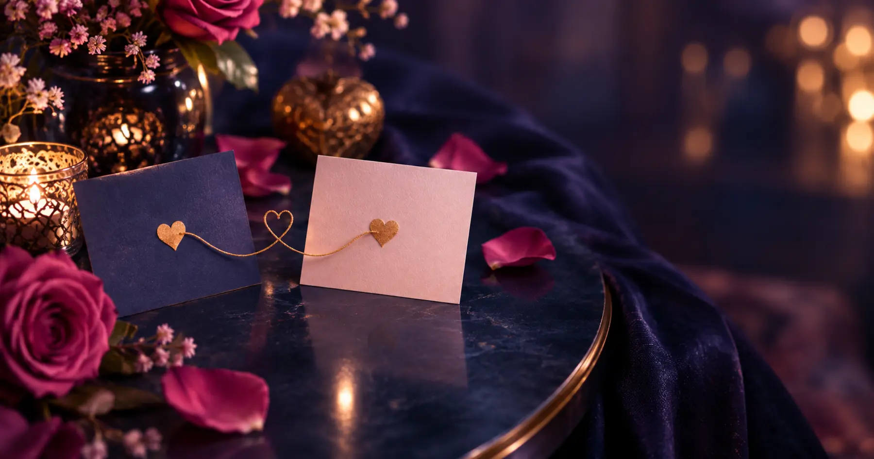 Deux cartes reliées par des cœurs dorés dans un décor romantique