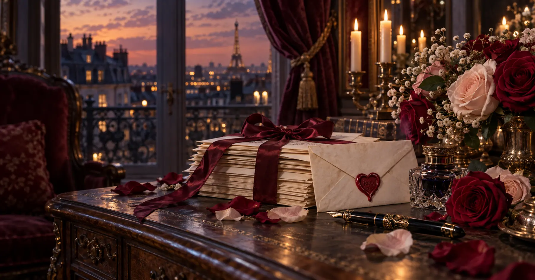 Lettres d’amour nouées d’un ruban dans un salon parisien