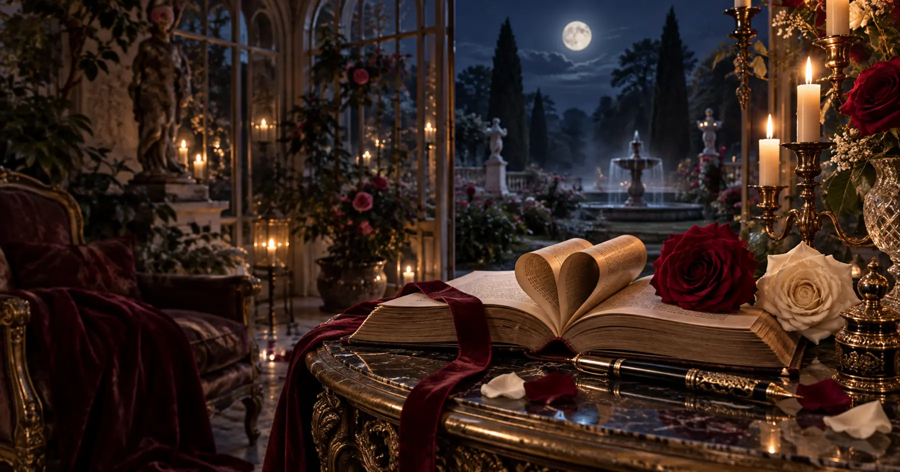 Livre ouvert en forme de cœur dans un jardin romantique