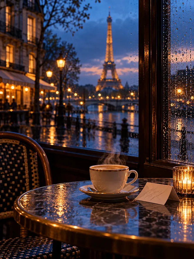 Un café parisien sous la pluie au crépuscule