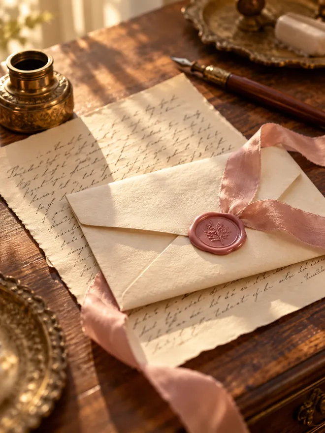 Lettre manuscrite et enveloppe scellée sur une table