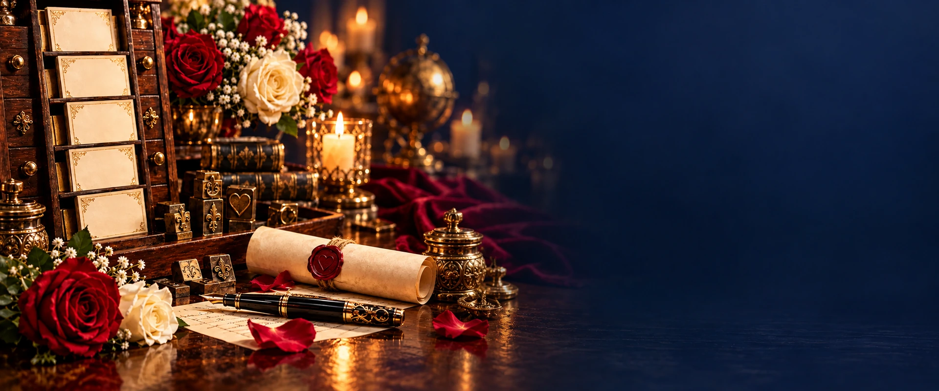 Cartes vierges, parchemin et plume dans un atelier romantique, avec espace de lecture à droite
