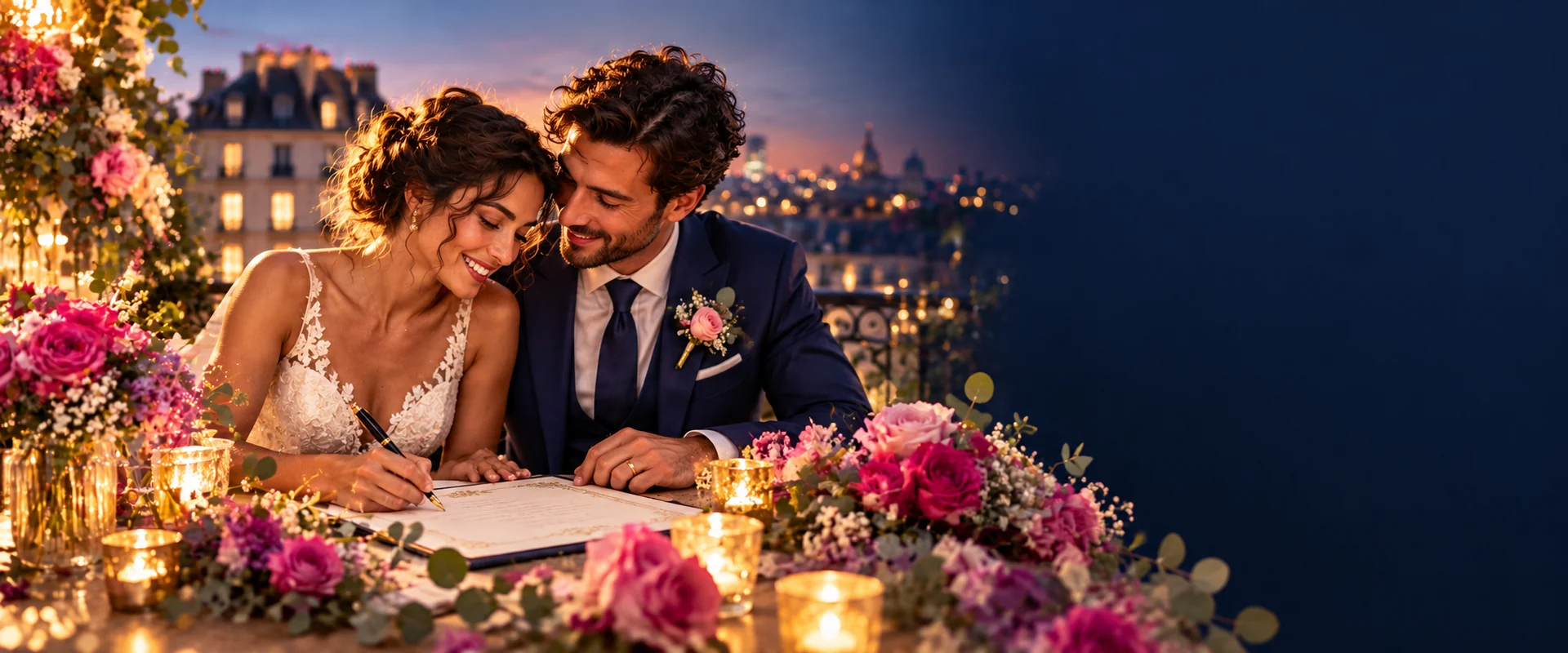 Un couple devant Paris au coucher du soleil