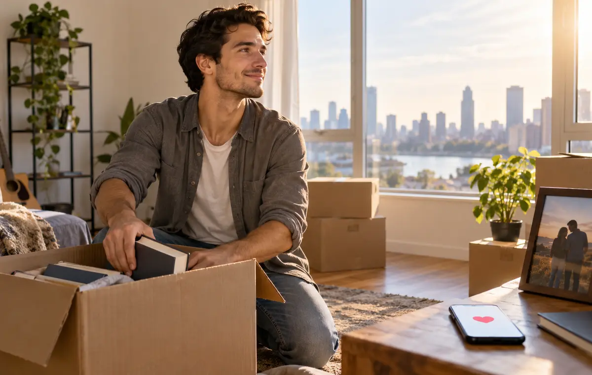 Un homme installe ses affaires dans un nouveau logement