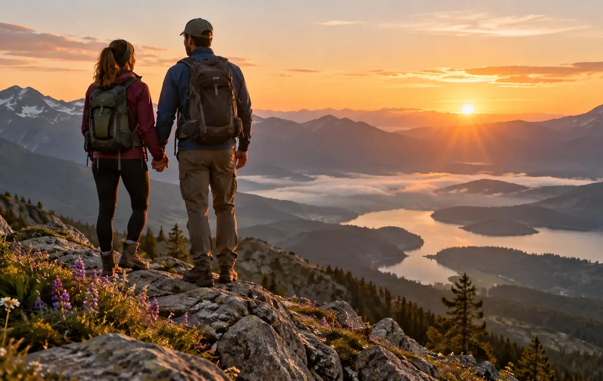 Un couple contemple le lever du soleil après une ascension