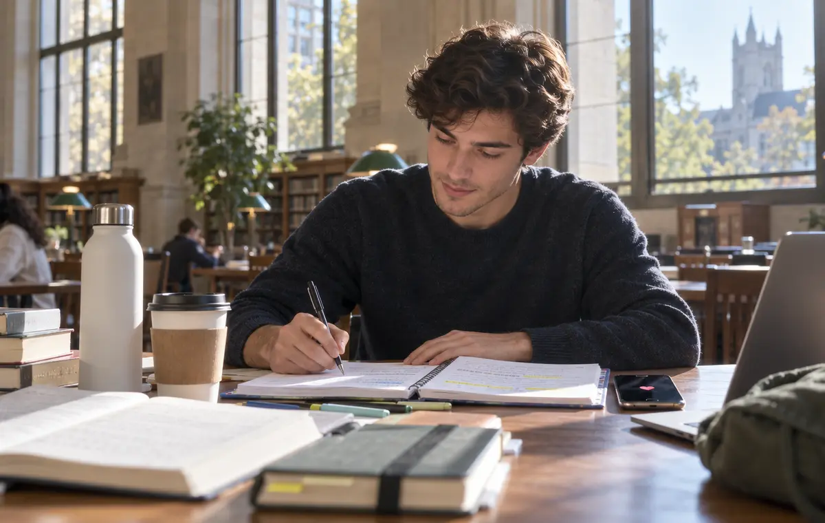 Un homme étudie tard dans une bibliothèque