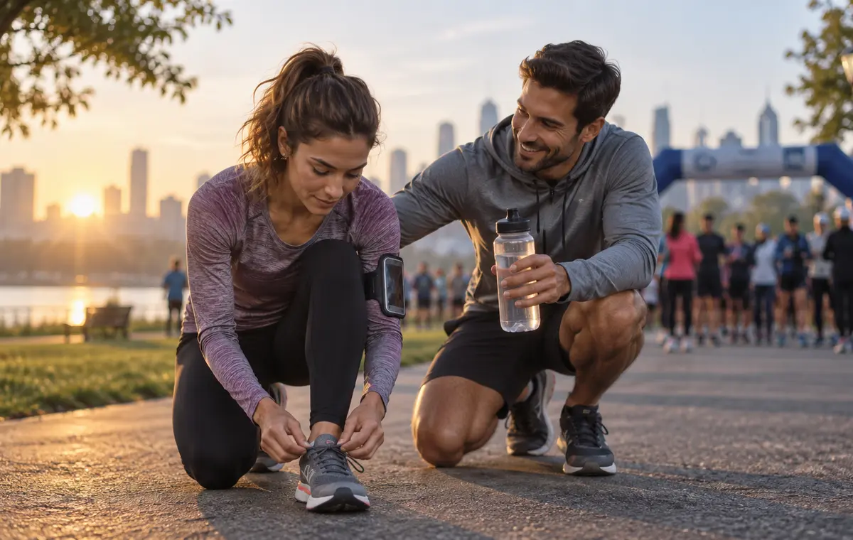 Une femme s’apprête à courir pendant qu’un homme l’encourage
