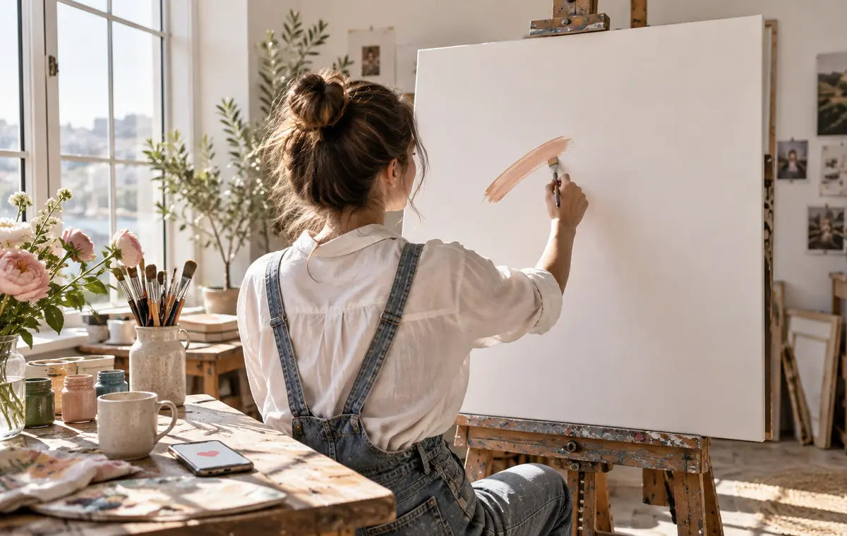 Une artiste fait face à une toile encore blanche