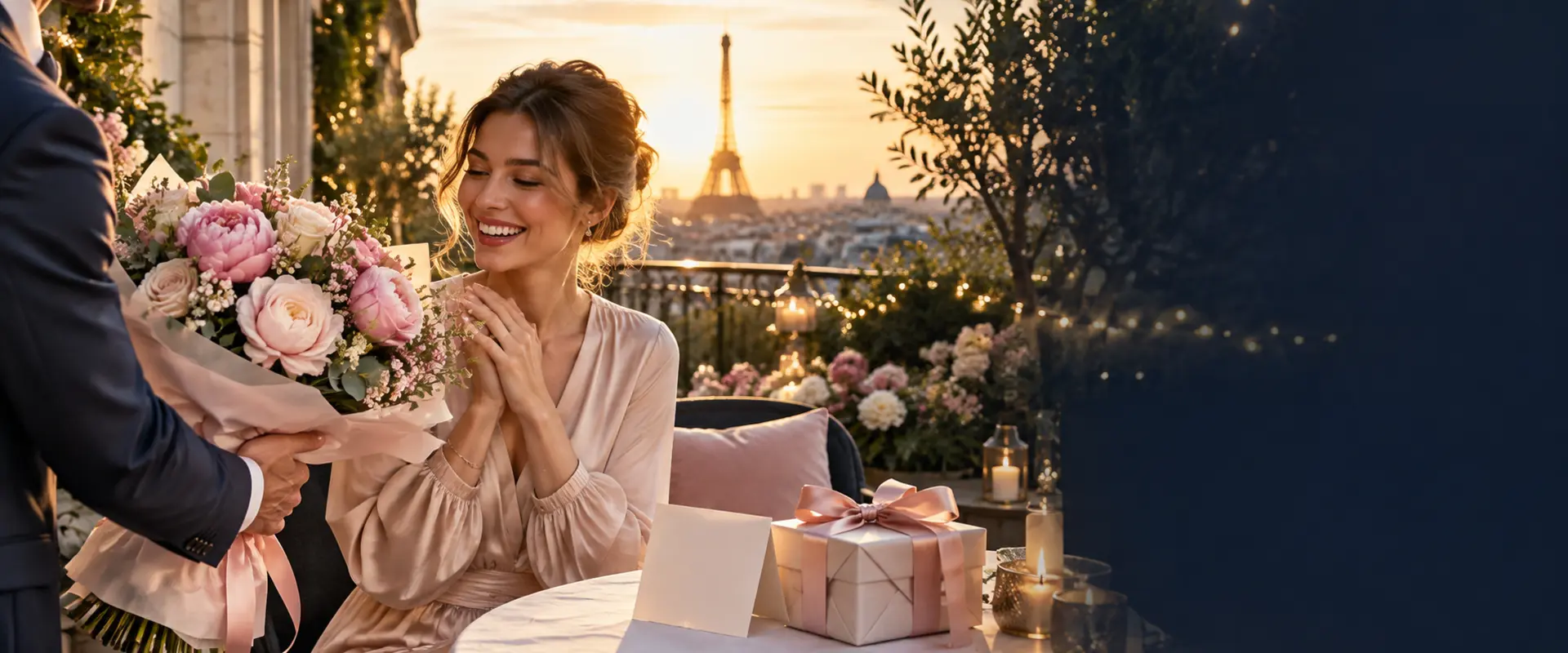 Une femme reçoit des fleurs pour sa fête sur une terrasse parisienne