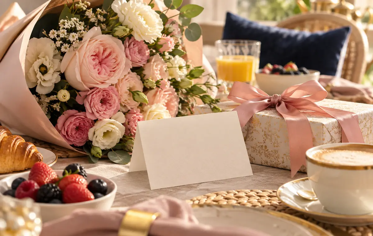 Bouquet de fleurs et cadeau pour souhaiter une bonne fête