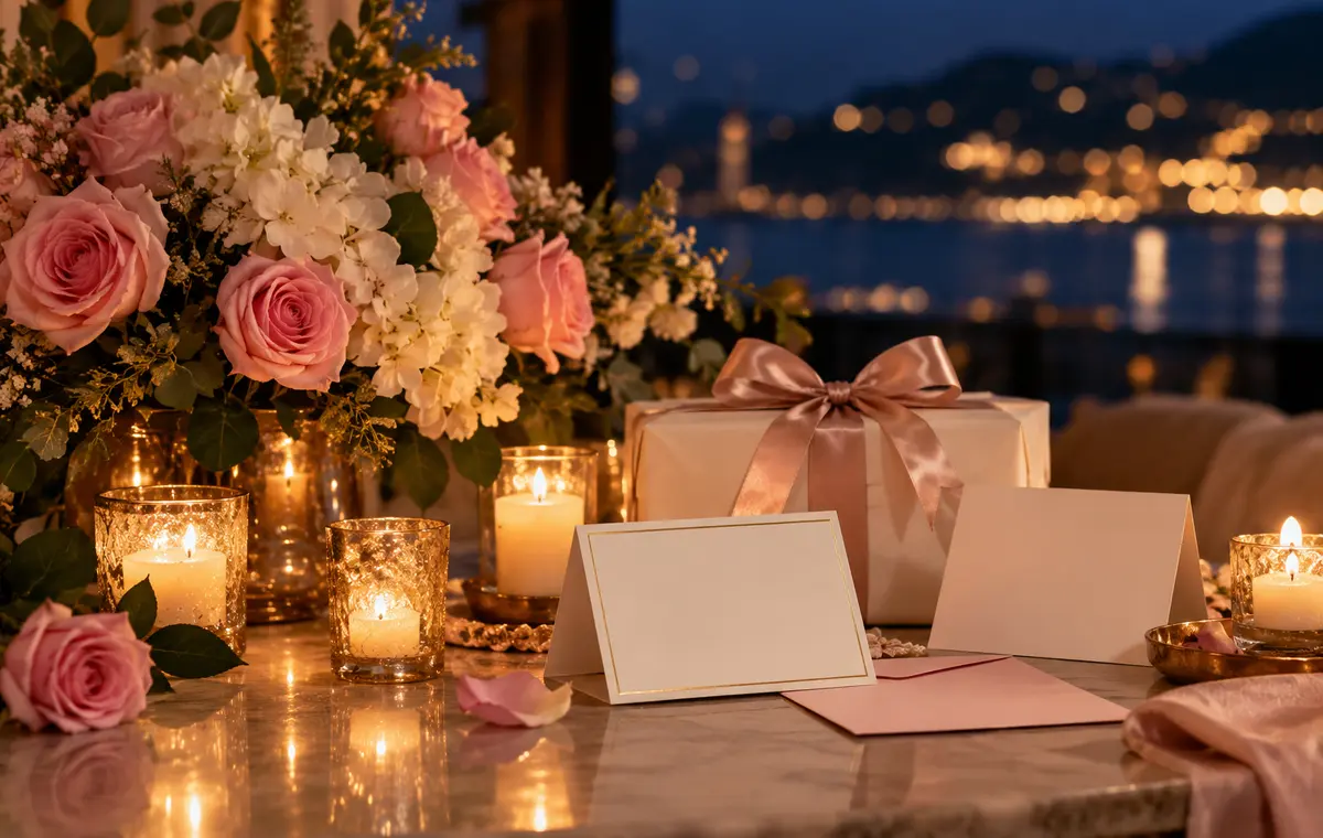 Fleurs, bougies et cartes