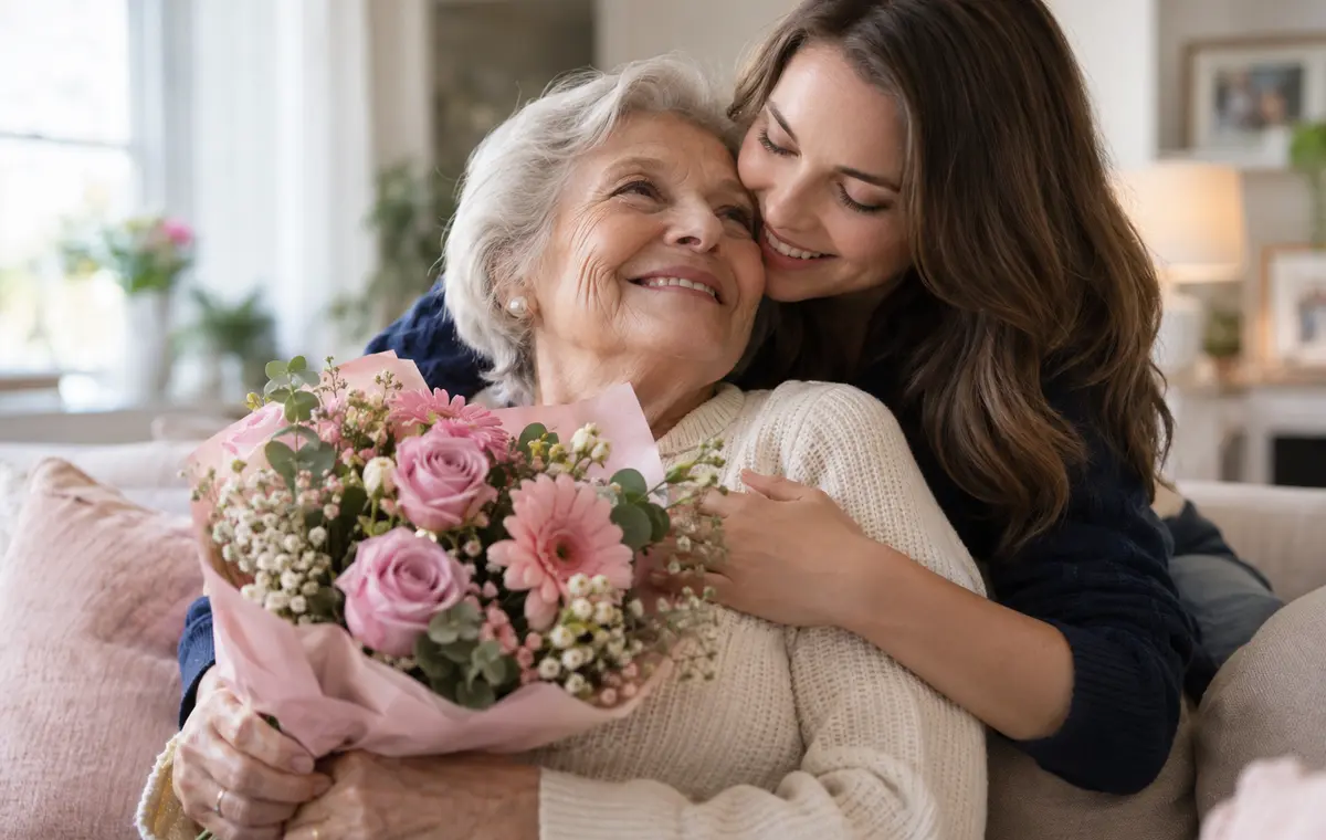 Grand-mère recevant des fleurs
