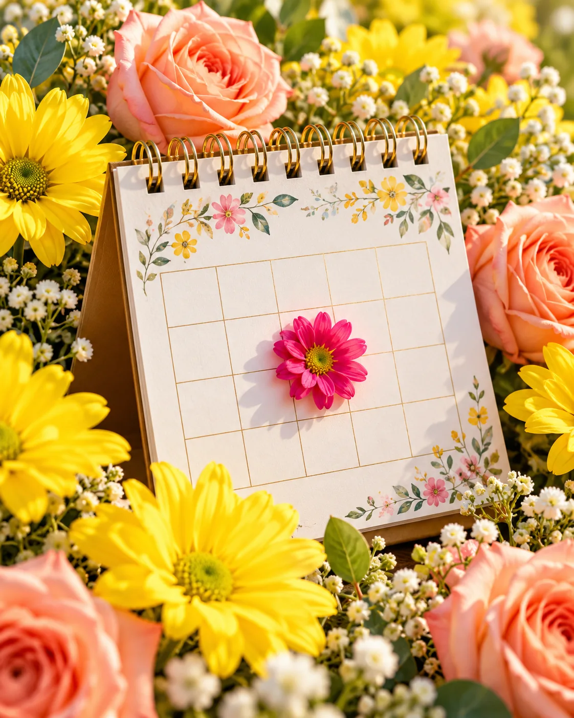 Calendrier fleuri marqué par une fleur rose