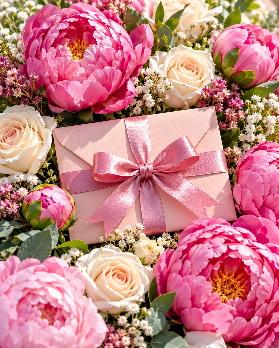 Enveloppe rose entourée de pivoines pour une fête