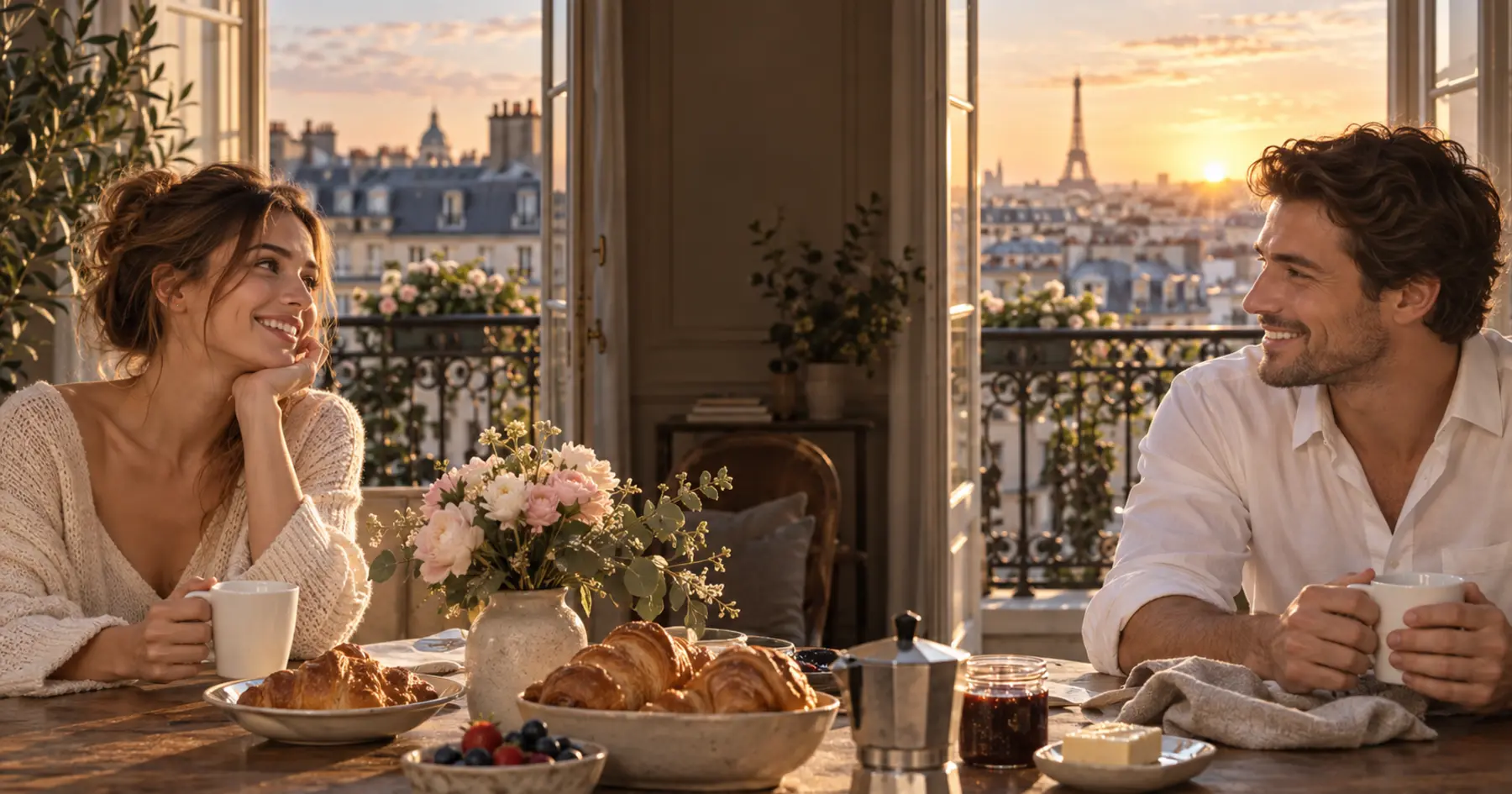 Un couple partage un petit-déjeuner au lever du soleil à Paris