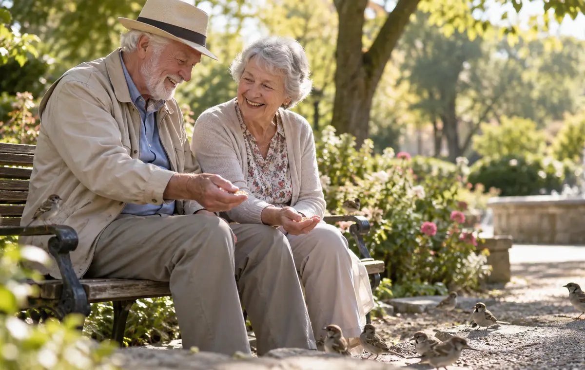 Un couple âgé rit sur un banc entouré d’oiseaux