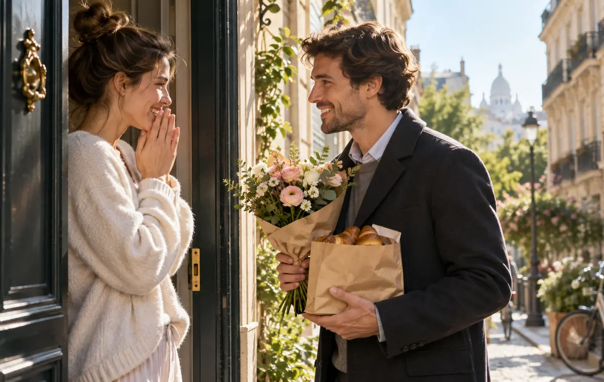 Un homme apporte des fleurs et des viennoiseries à une porte