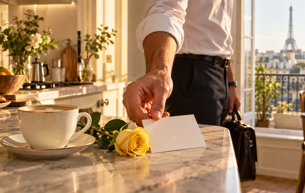 Un homme dépose une rose jaune et un mot près du café