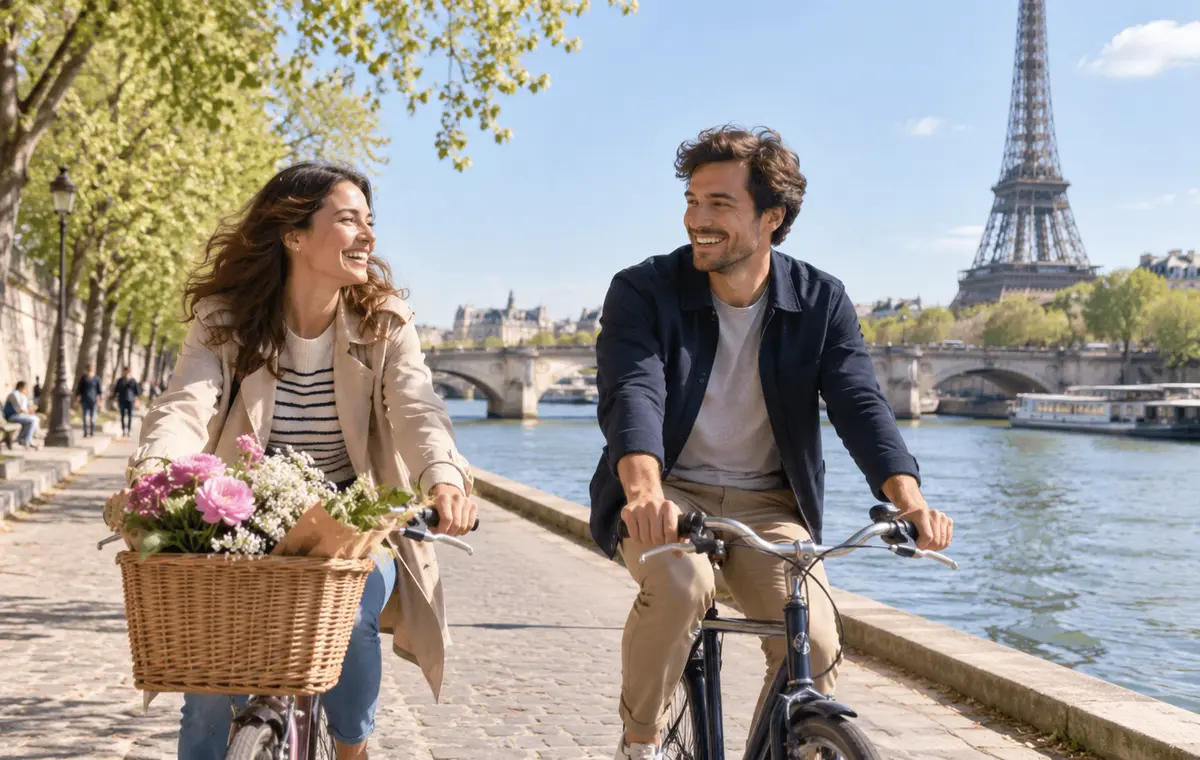 Un couple fait du vélo au bord de la Seine