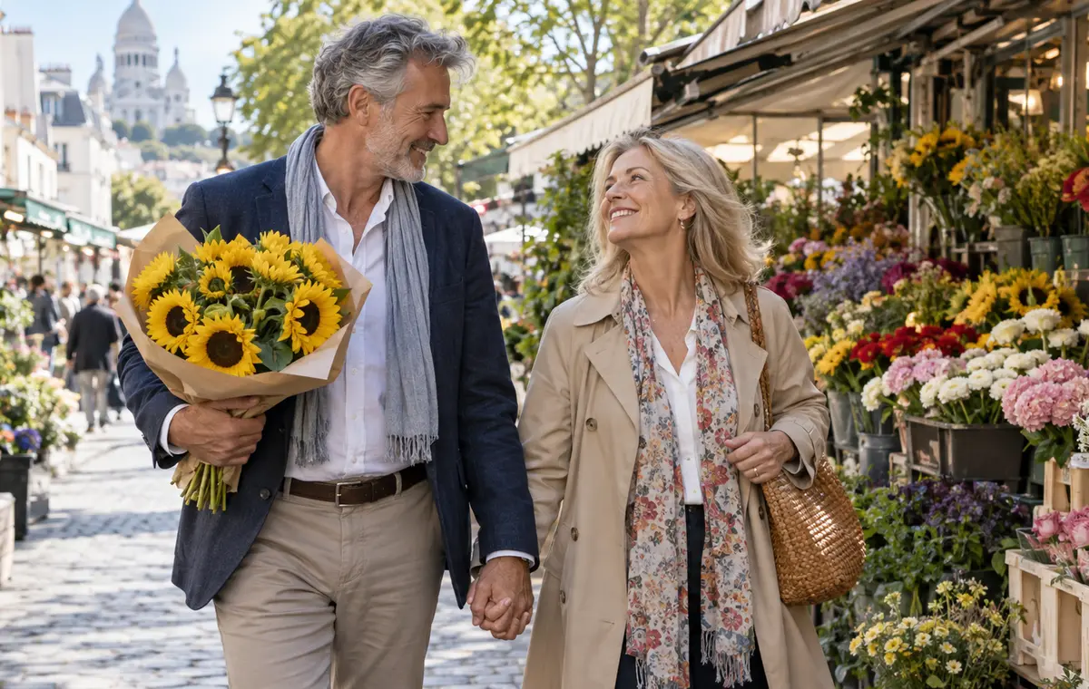 Un couple mûr traverse un marché aux fleurs