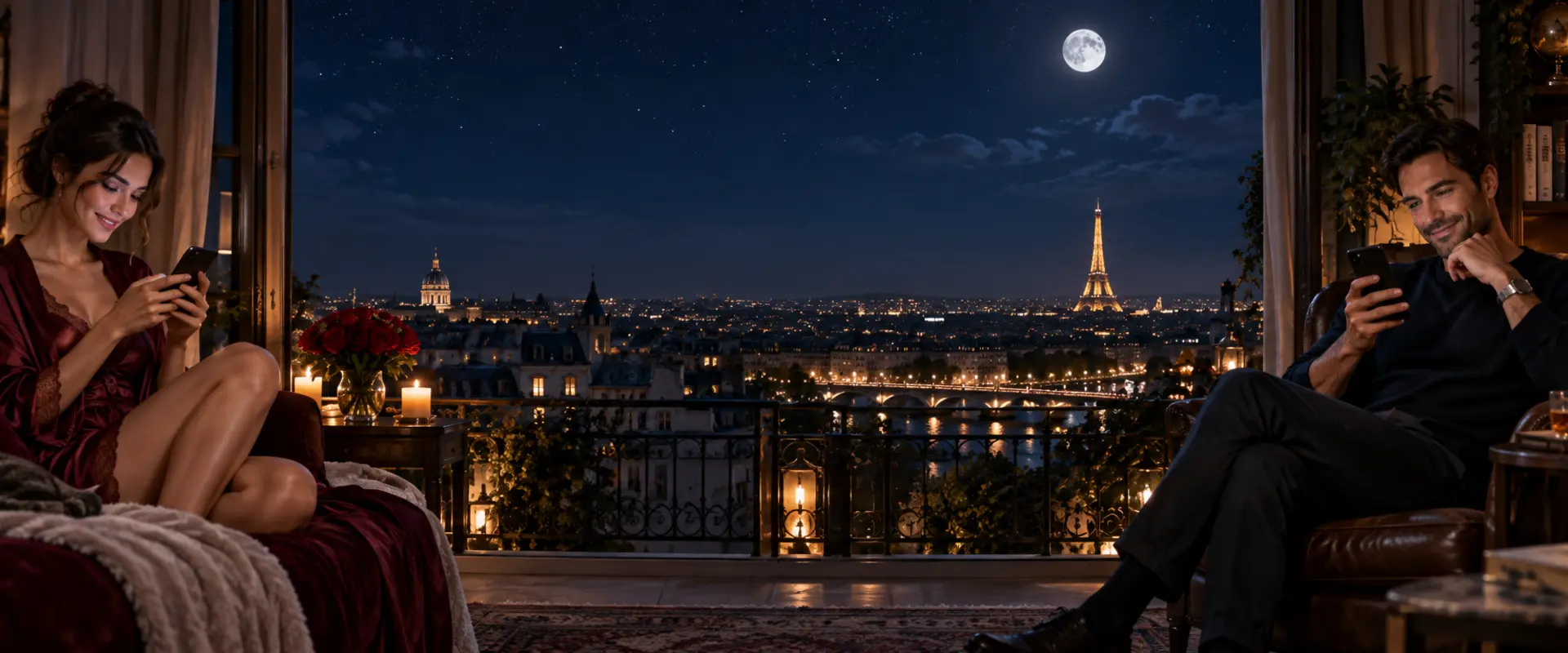 Une femme et un homme se souhaitent bonne nuit avec leur smartphone