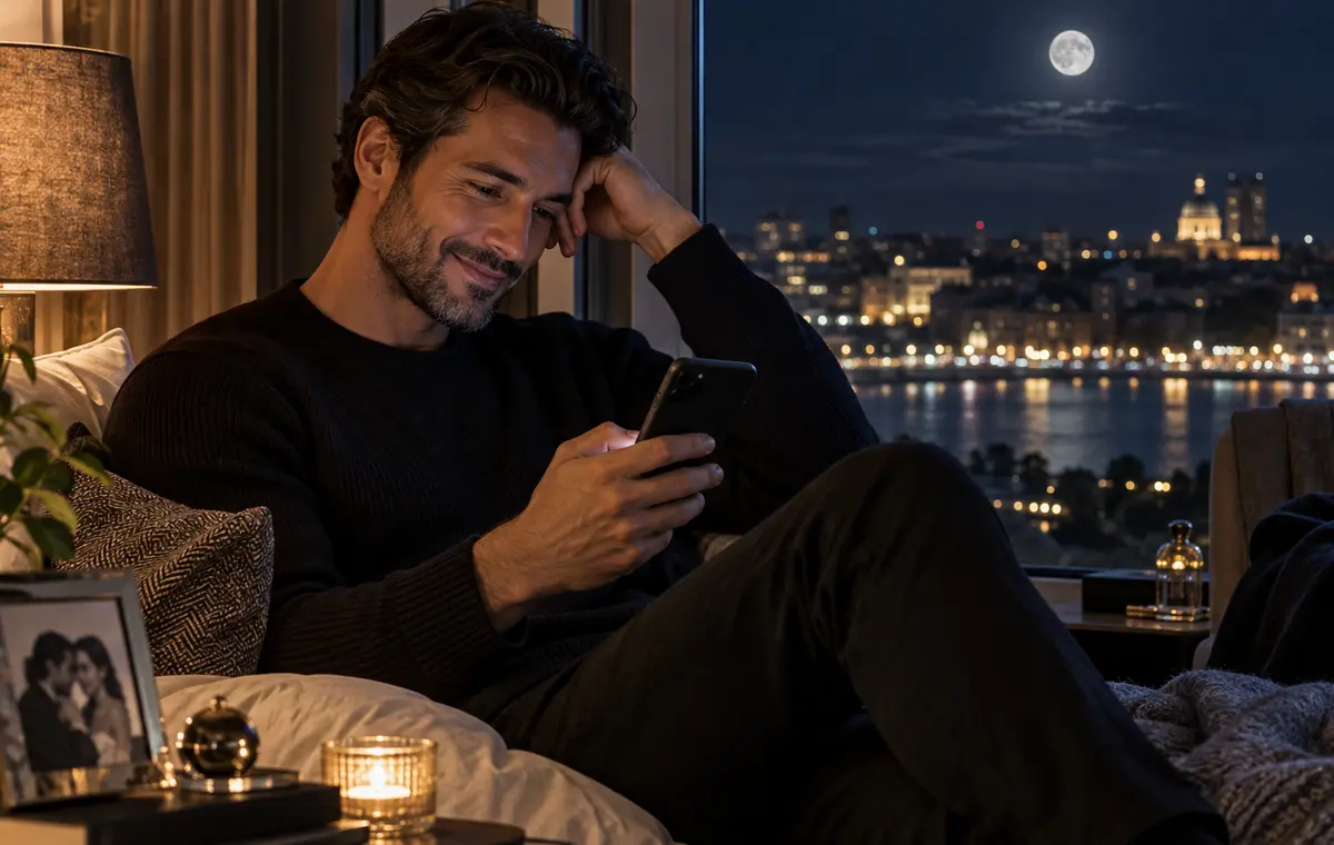 Un homme sourit en lisant un message de bonne nuit