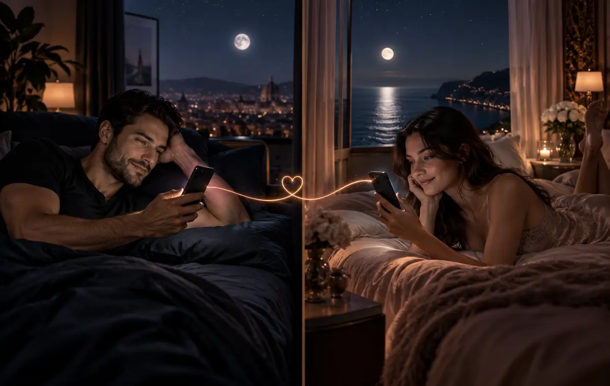 Une femme mûre sourit à un message avant de dormir