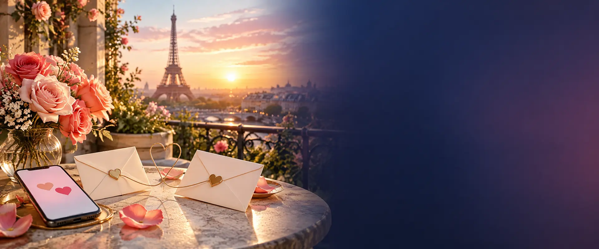 Deux enveloppes romantiques reliées par un cœur doré devant Paris