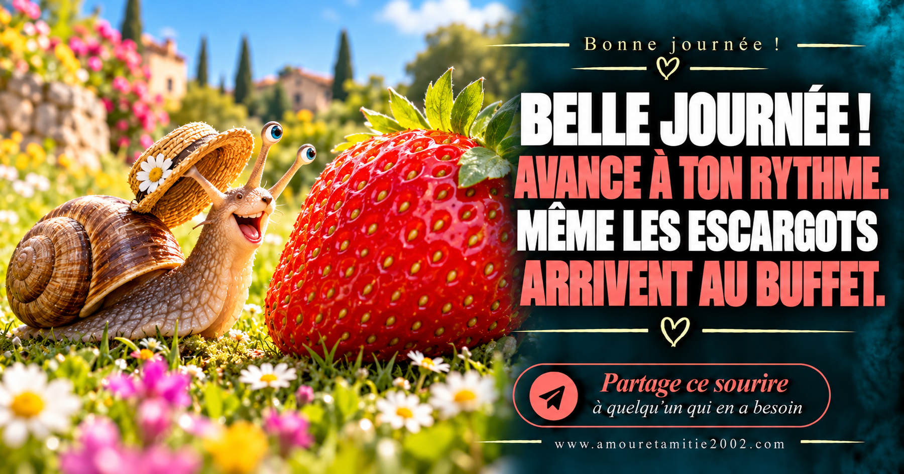 Belle journée ! Avance à ton rythme. Même les escargots arrivent au buffet.