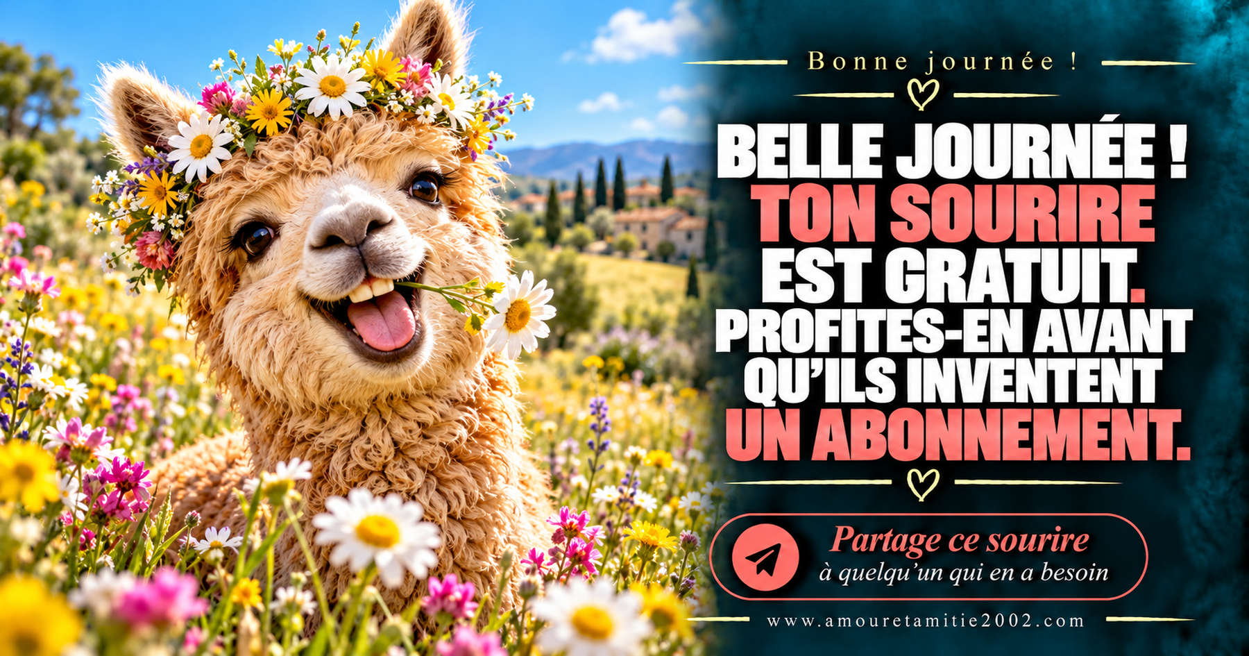 Belle journée ! Ton sourire est gratuit. Profites-en avant qu’ils inventent un abonnement.