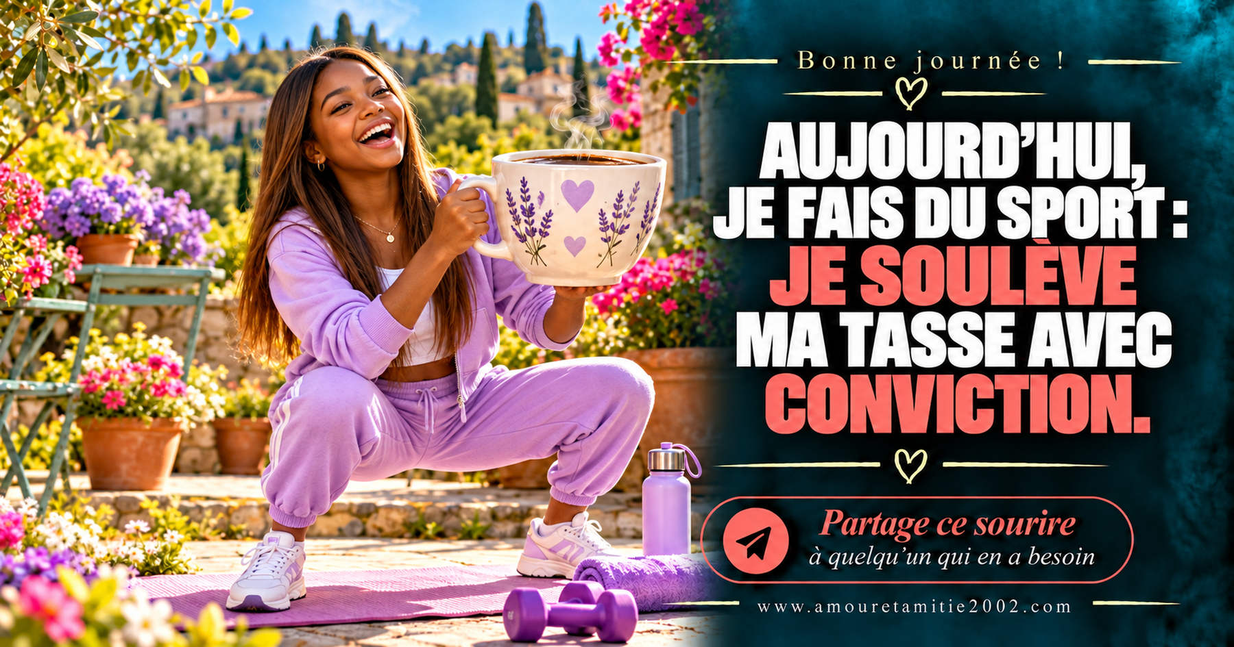 Aujourd’hui, je fais du sport : je soulève ma tasse avec conviction.