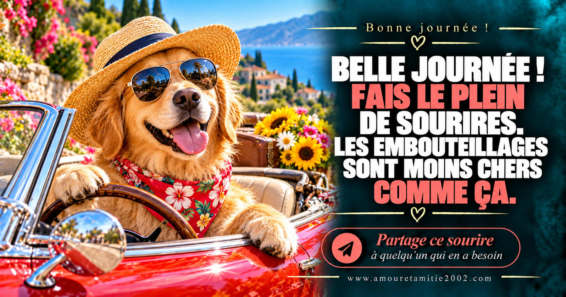Belle journée ! Fais le plein de sourires. Les embouteillages sont moins chers comme ça.