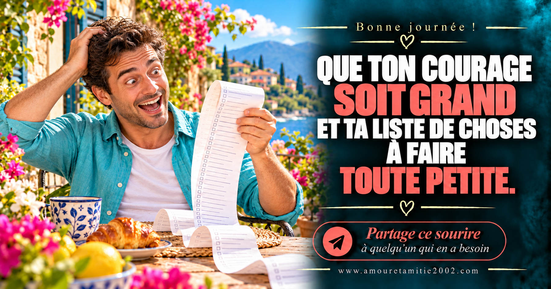 Bonne journée ! Que ton courage soit grand et ta liste de choses à faire toute petite.