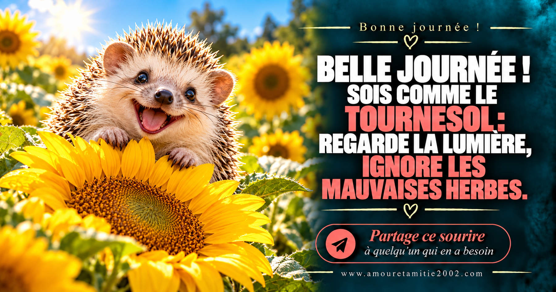 Belle journée ! Sois comme le tournesol : regarde la lumière, ignore les mauvaises herbes.