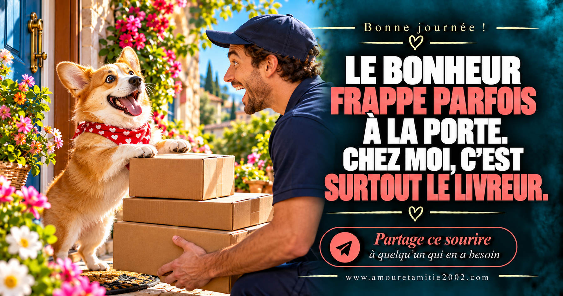 Bonne journée ! Le bonheur frappe parfois à la porte. Chez moi, c’est surtout le livreur.