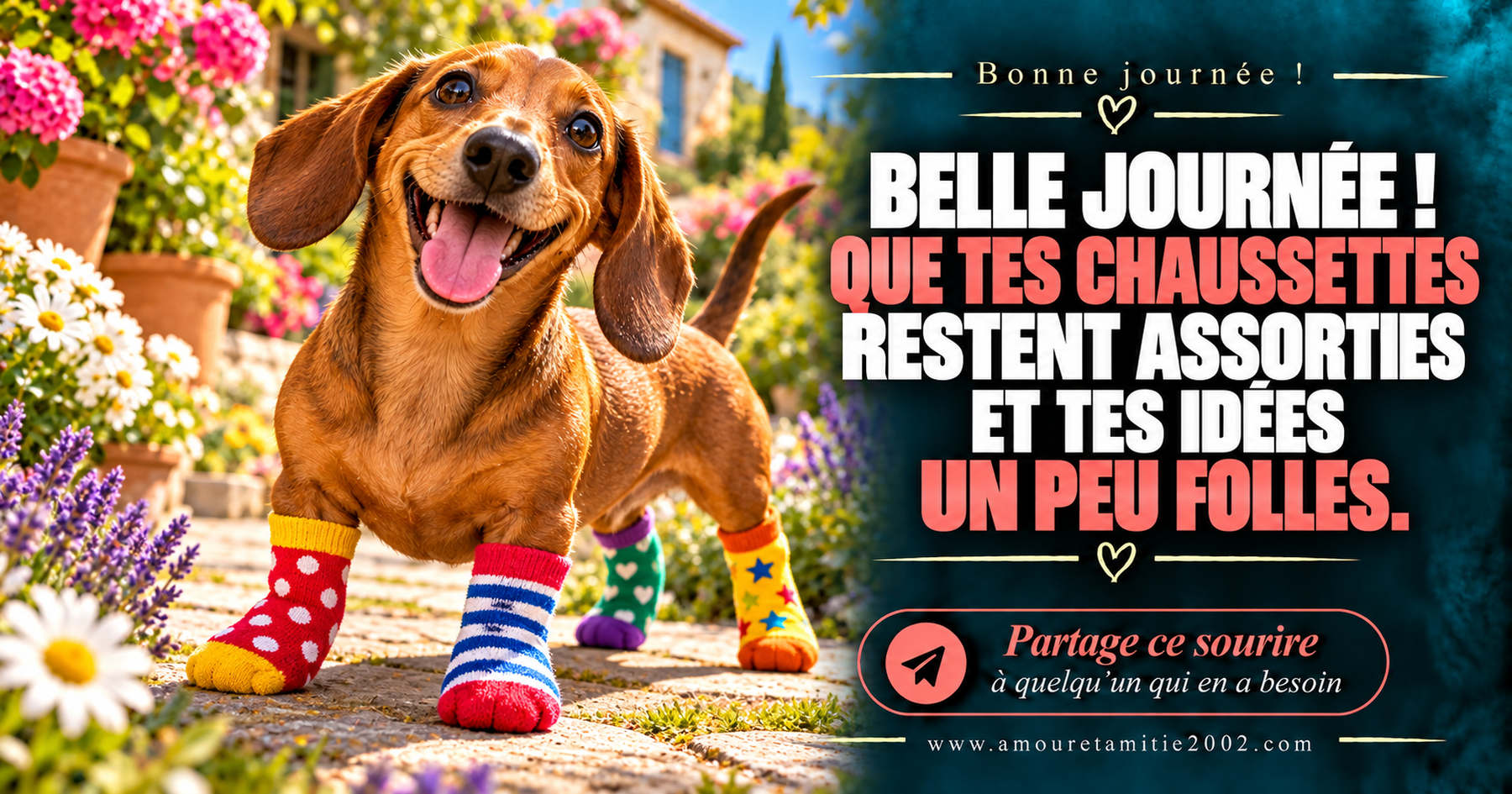 Belle journée ! Que tes chaussettes restent assorties et tes idées un peu folles.