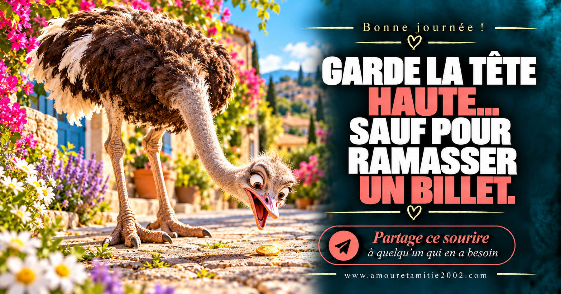 Bonne journée ! Garde la tête haute… sauf pour ramasser un billet.