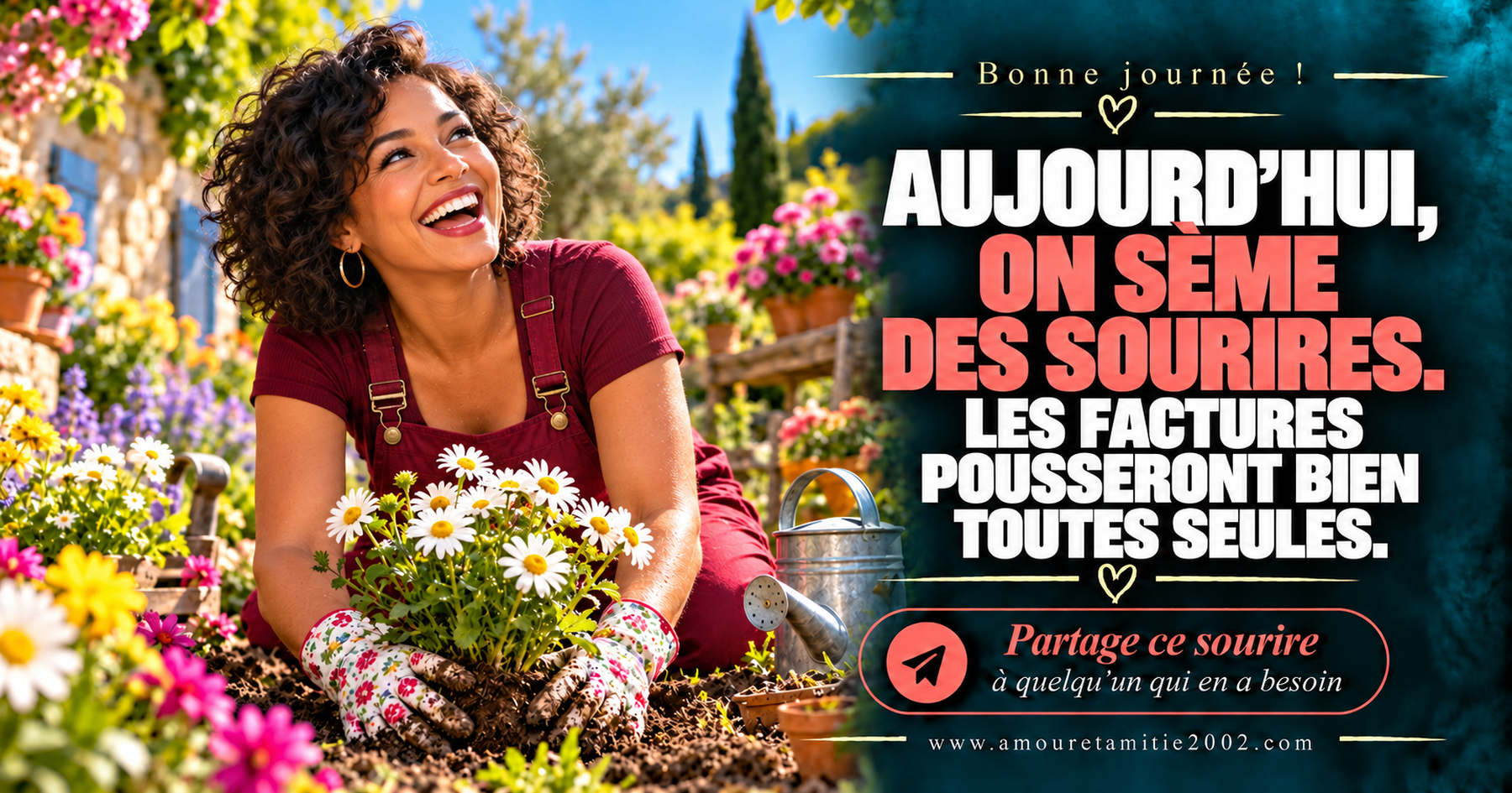 Aujourd’hui, on sème des sourires. Les factures pousseront bien toutes seules.