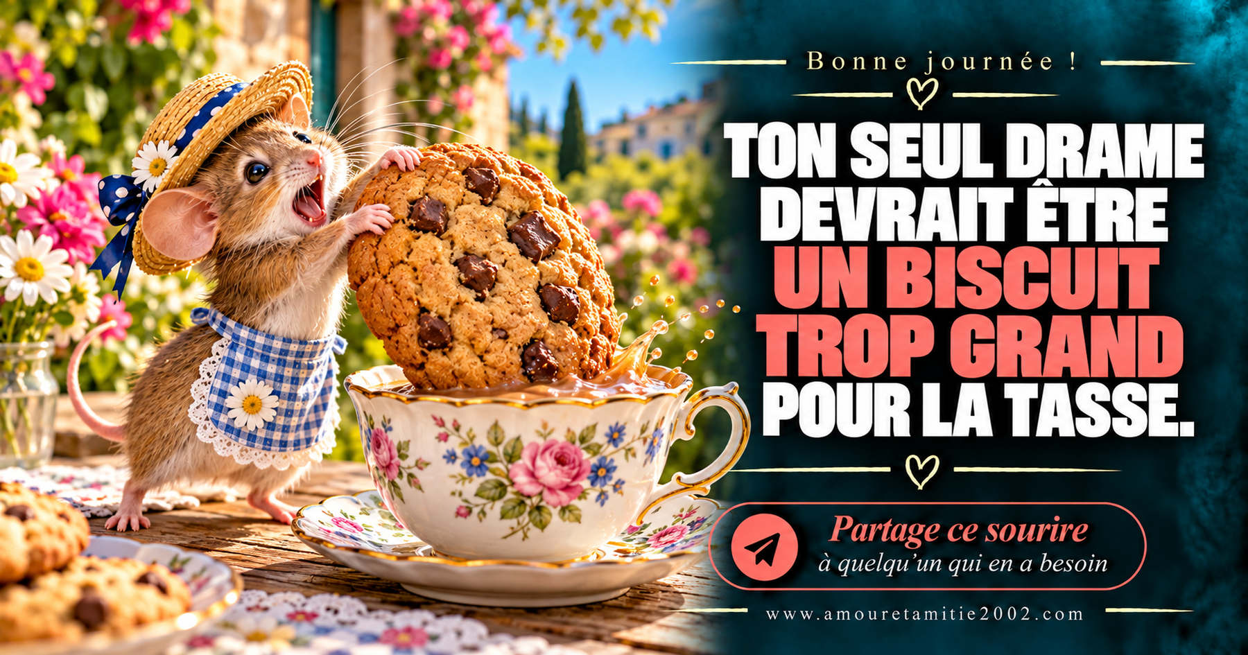 Bonne journée ! Ton seul drame devrait être un biscuit trop grand pour la tasse.