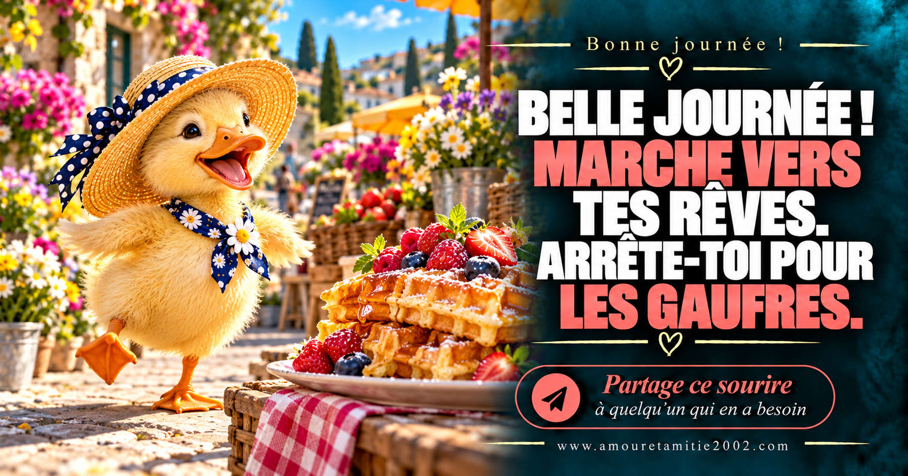 Belle journée ! Marche vers tes rêves. Arrête-toi pour les gaufres.