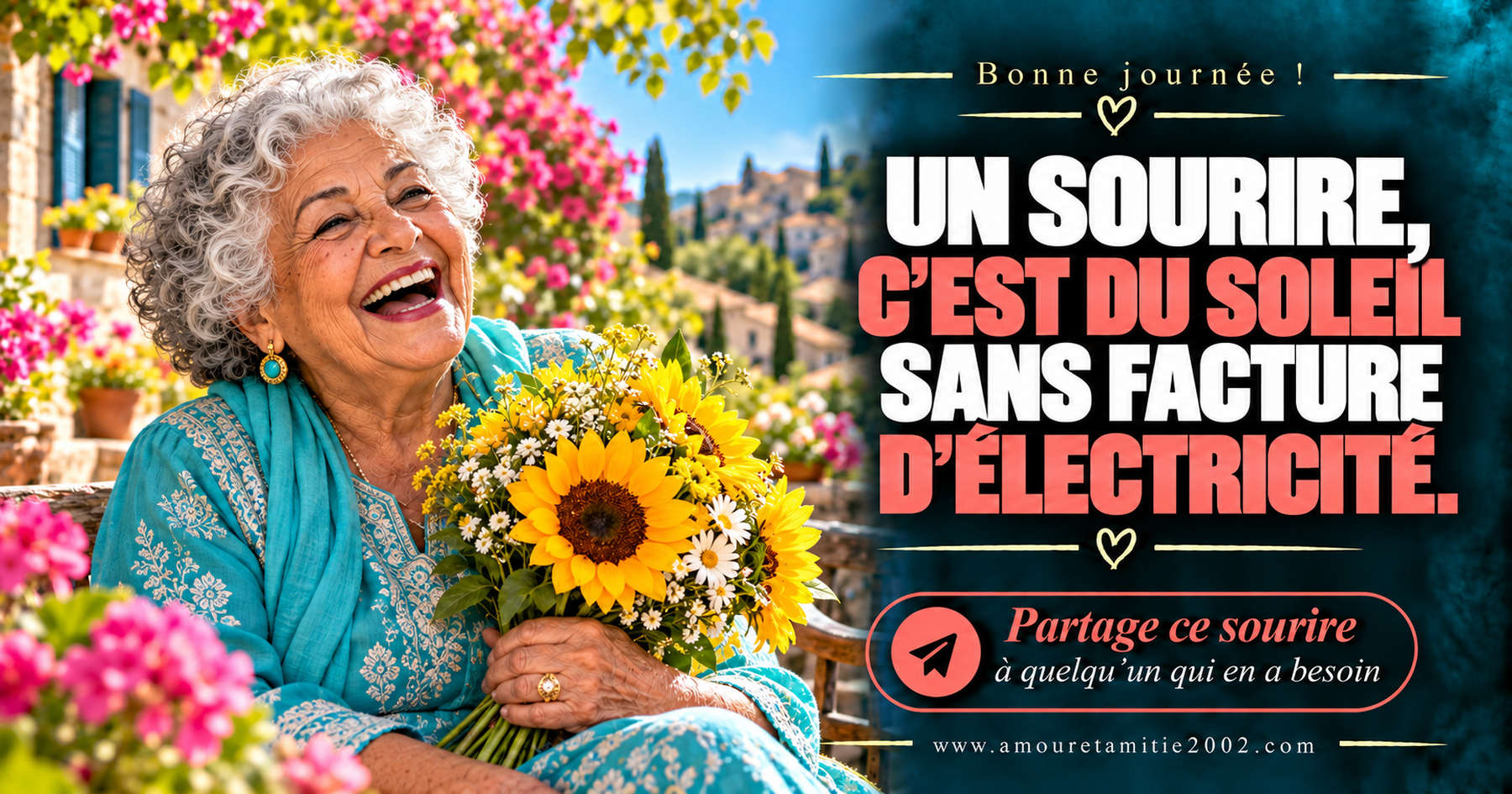 Bonne journée ! Un sourire, c’est du soleil sans facture d’électricité.