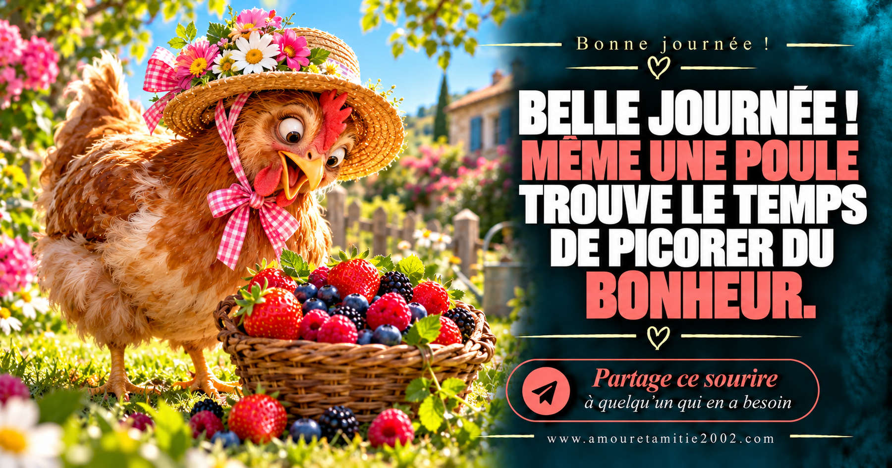 Belle journée ! Même une poule trouve le temps de picorer du bonheur.
