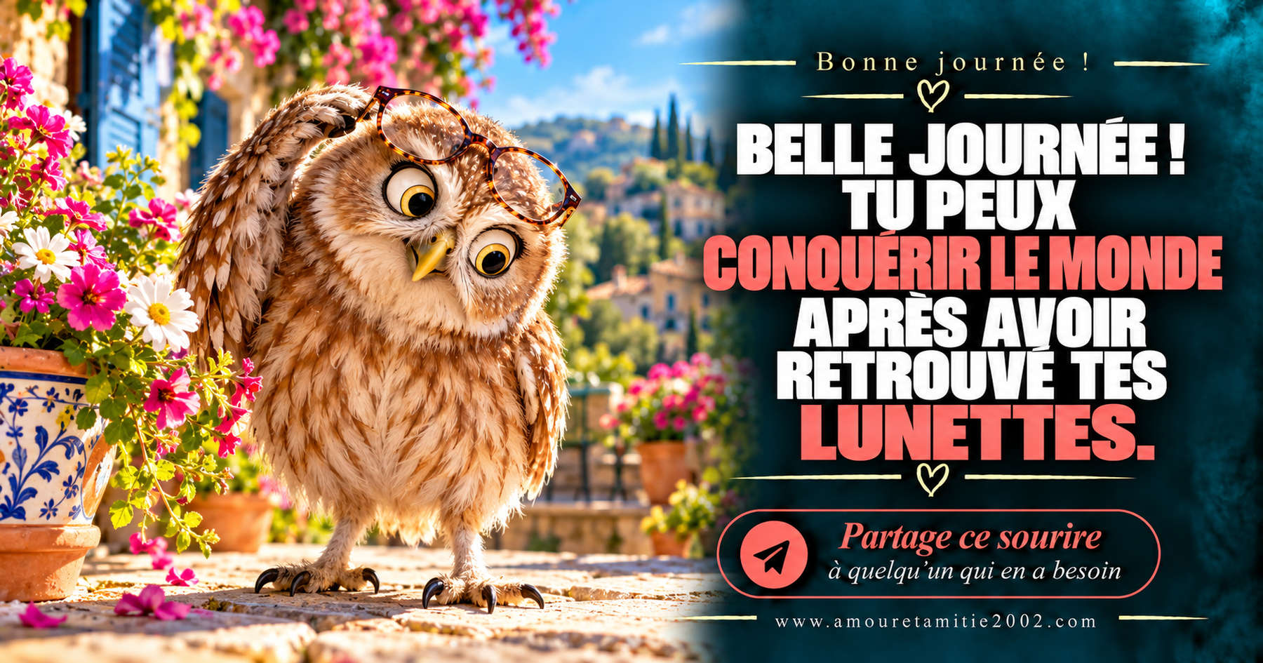 Belle journée ! Tu peux conquérir le monde après avoir retrouvé tes lunettes.