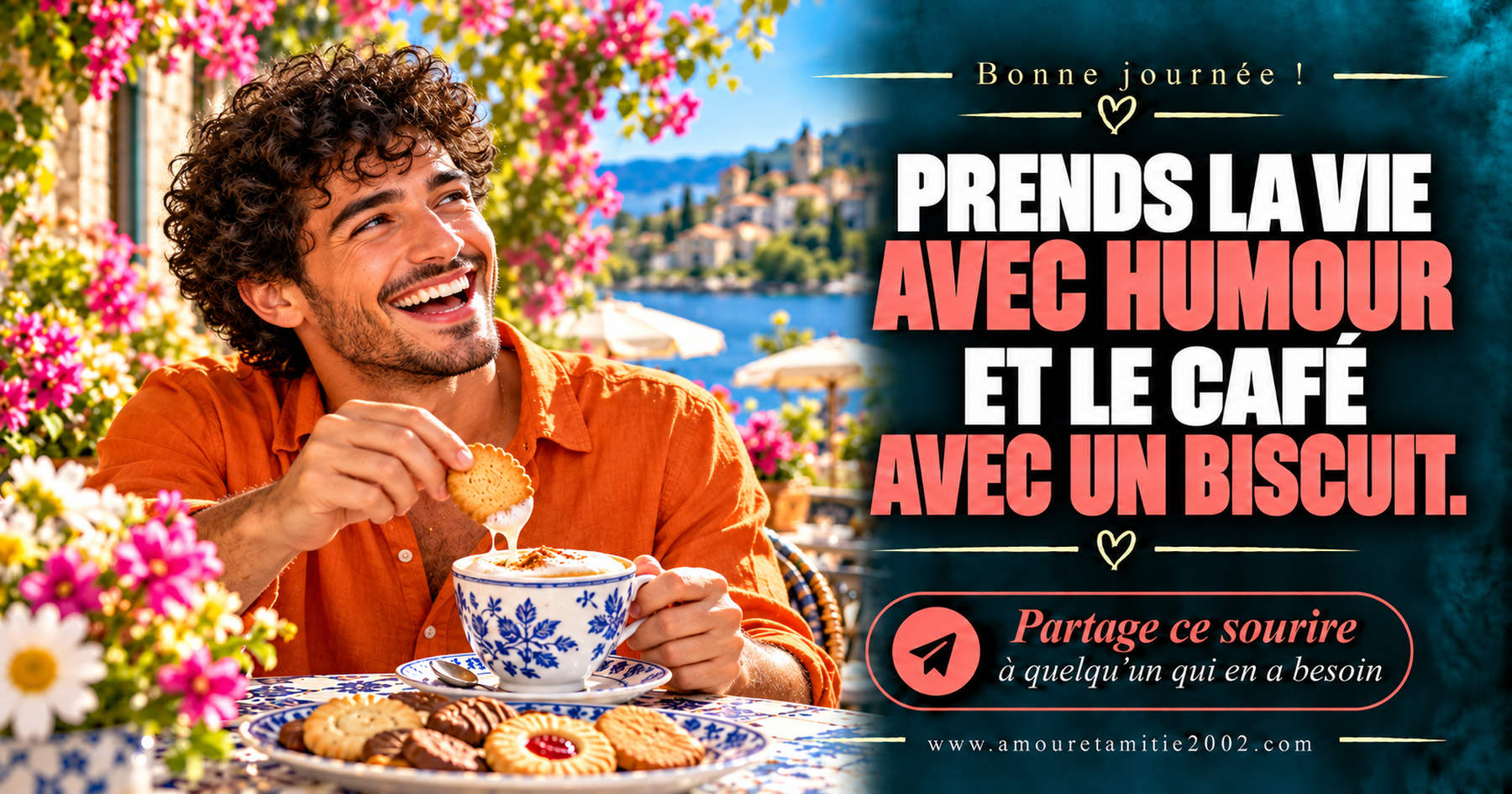 Bonne journée ! Prends la vie avec humour et le café avec un biscuit.