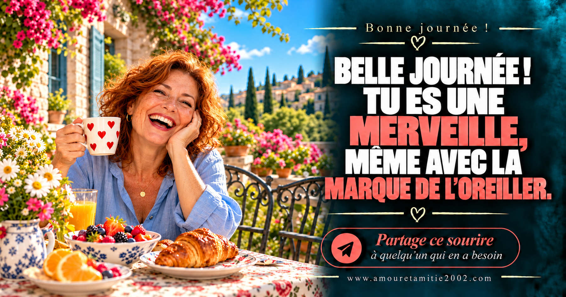 Belle journée ! Tu es une merveille, même avec la marque de l’oreiller.