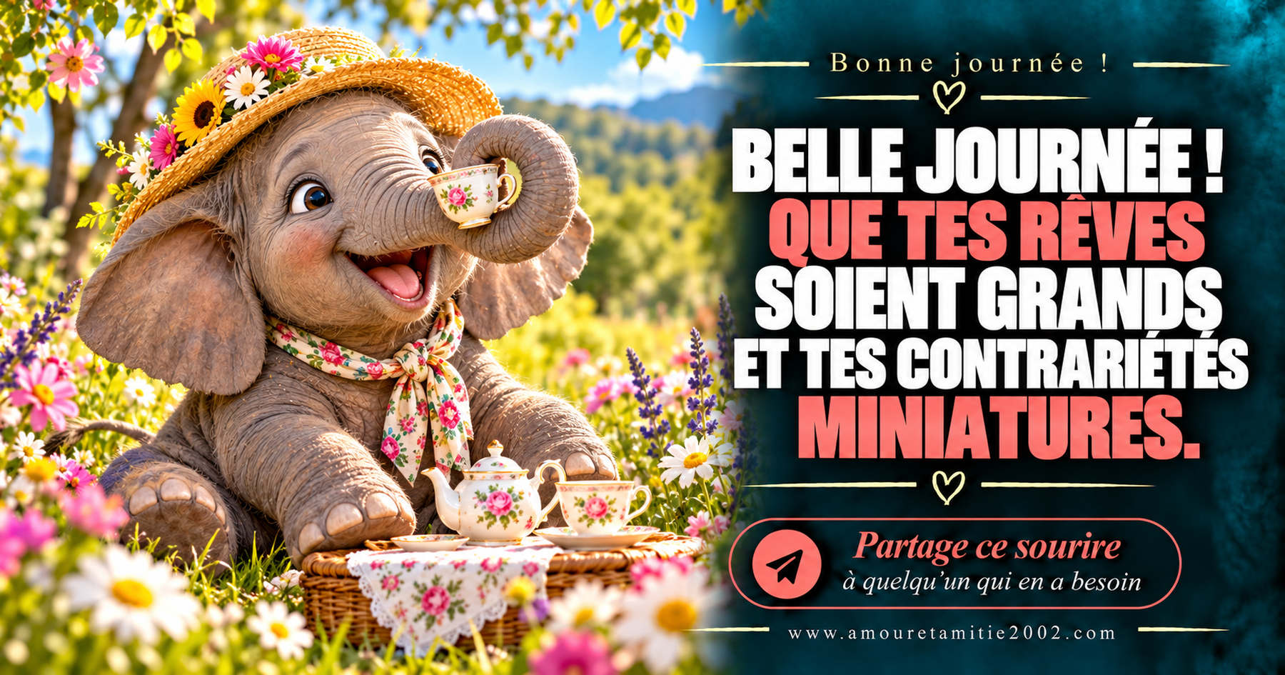 Belle journée ! Que tes rêves soient grands et tes contrariétés miniatures.