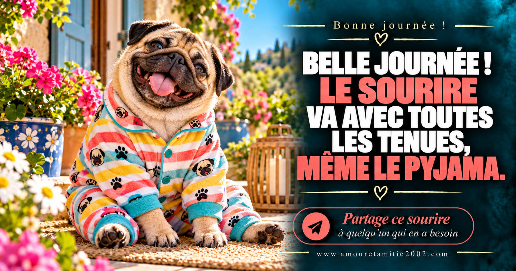 Belle journée ! Le sourire va avec toutes les tenues, même le pyjama.