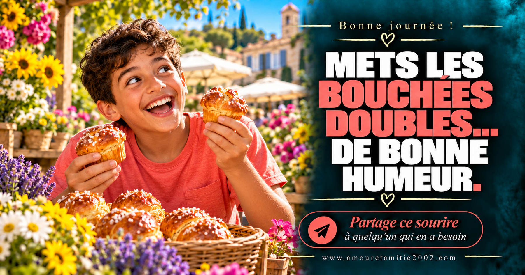 Bonne journée ! Mets les bouchées doubles… de bonne humeur.